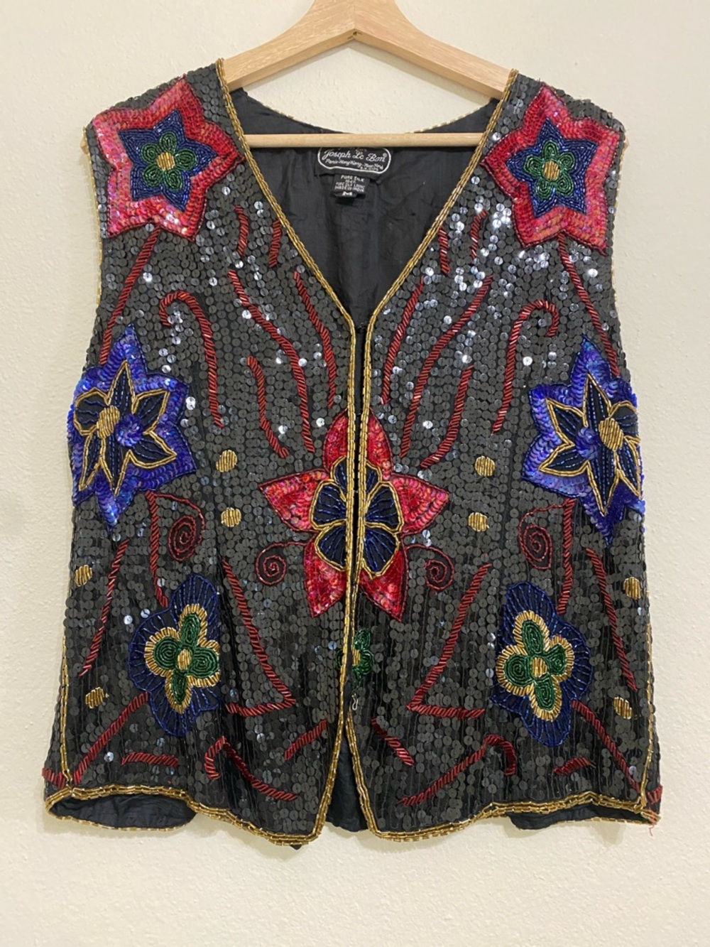 Silk Black Sequin Embellished Floral Vest with Multicolor Beading